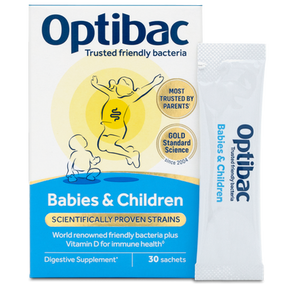 Optibac Babies & Children digestive supplement, 30 sachets box and individual sachet with friendly bacteria and Vitamin D.