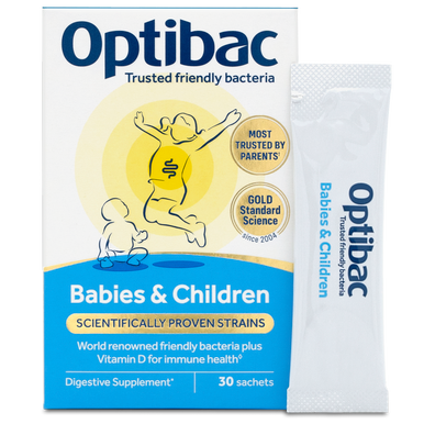 Optibac Babies & Children digestive supplement, 30 sachets box and individual sachet with friendly bacteria and Vitamin D.
