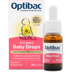 Optibac Baby Drops digestive supplement for ages 0-3 years, 30 servings bottle with dropper and 1 billion live cultures.