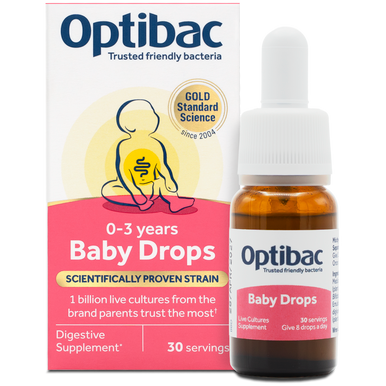 Optibac Baby Drops digestive supplement for ages 0-3 years, 30 servings bottle with dropper and 1 billion live cultures.