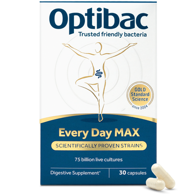 Optibac Every Day MAX digestive supplement, 30 capsules box with 75 billion live cultures and scientifically proven strains.