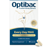 Optibac Every Day MAX digestive supplement, 30 capsules box with 75 billion live cultures and scientifically proven strains.