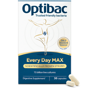 Optibac Every Day MAX digestive supplement, 30 capsules box with 75 billion live cultures and scientifically proven strains.