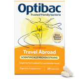 Optibac Travel Abroad digestive supplement, 20 capsules box for worldwide travel with scientifically proven live culture strains.