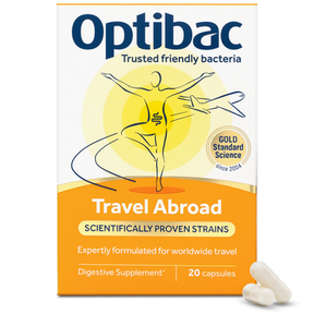 Optibac Travel Abroad digestive supplement, 20 capsules box for worldwide travel with scientifically proven live culture strains.