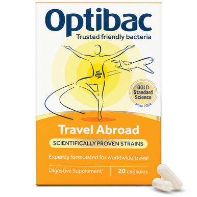 Optibac Travel Abroad digestive supplement, 20 capsules box for worldwide travel with scientifically proven live culture strains.
