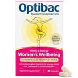 Optibac Women's Wellbeing Vitality & Balance digestive supplement, 30 capsules box with live cultures and vitamins.