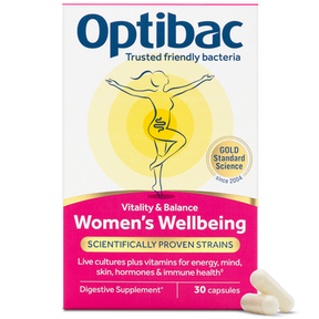 Optibac Women's Wellbeing Vitality & Balance digestive supplement, 30 capsules box with live cultures and vitamins.