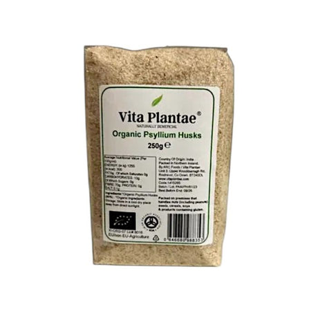 Vita Plantae organic psyllium husks, 250g, a high-fiber pantry staple.