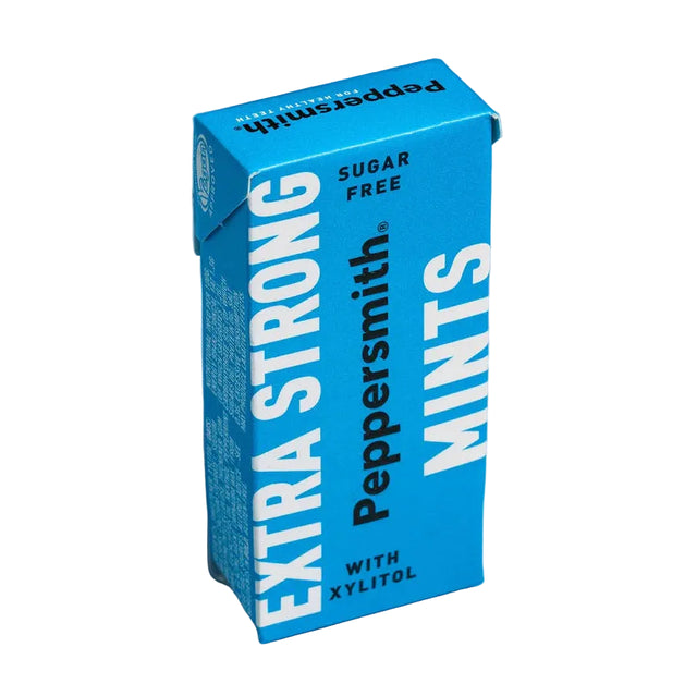 A box of Peppersmith Extra Strong Mints, featuring vibrant blue packaging labeled "Sugar Free" and "With Xylitol