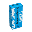 Blue box of Peppersmith Extra Strong Mints on a light blue background
