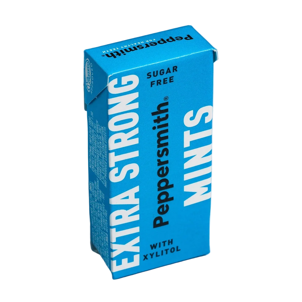 Blue box of Peppersmith Extra Strong Mints on a light blue background