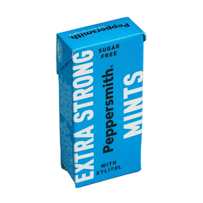 Blue box of Peppersmith Extra Strong Mints on a light blue background