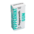 A Peppersmith Peppermint Gum carton box, sugar free with xylitol, standing upright on a light blue background.