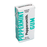 A Peppersmith Peppermint Gum carton box, sugar free with xylitol, standing upright on a light blue background.