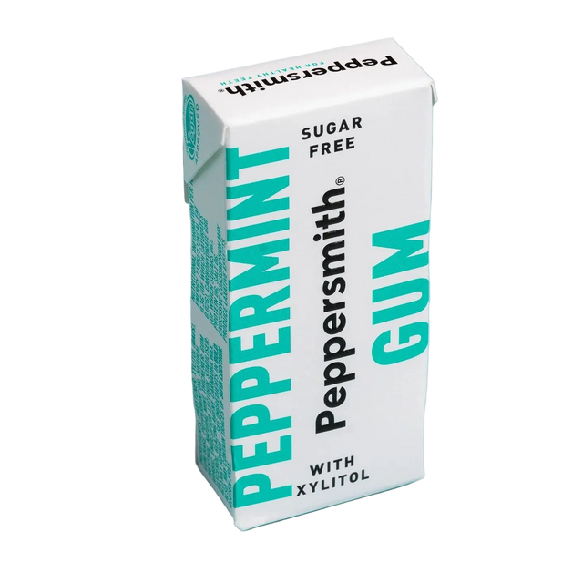 A Peppersmith Peppermint Gum carton box, sugar free with xylitol, standing upright on a light blue background.