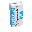 A Peppersmith Spearmint Gum carton, white with blue and black text, standing on a light blue background.
