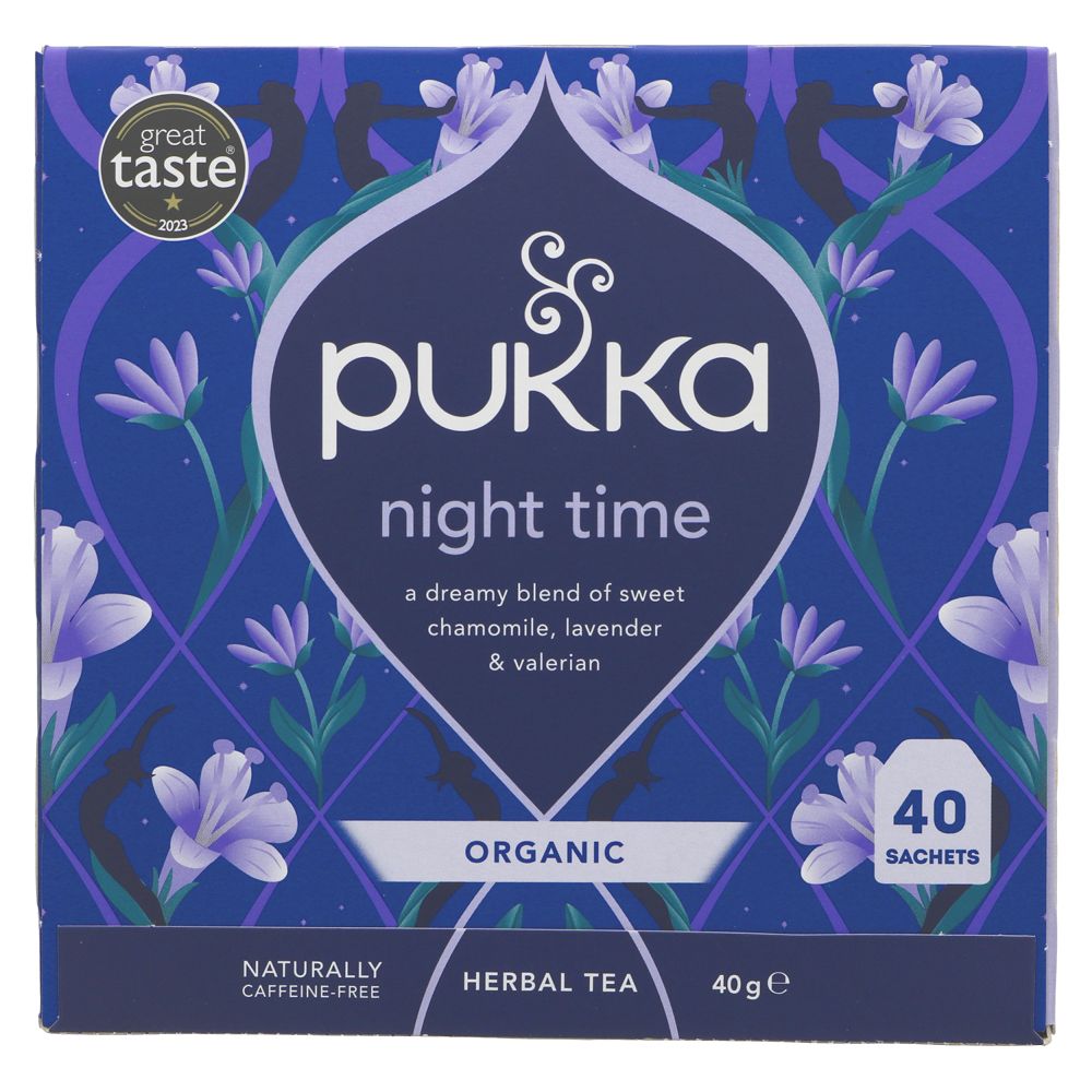 Pukka Herbs Night Time organic tea bags with Lavender Valerian and Oat Flower for sleep and relaxation support.