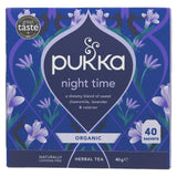 Pukka Herbs Night Time organic tea bags with Lavender Valerian and Oat Flower for sleep and relaxation support.