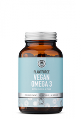 Vegan Omega 3 supplement bottle with blue label on a white background