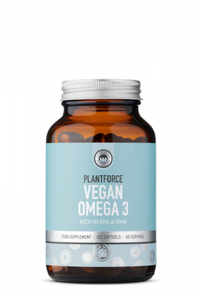 Vegan Omega 3 supplement bottle with blue label on a white background