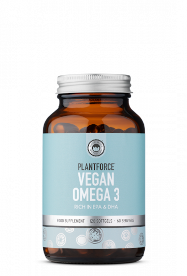 Vegan Omega 3 supplement bottle with blue label on a white background