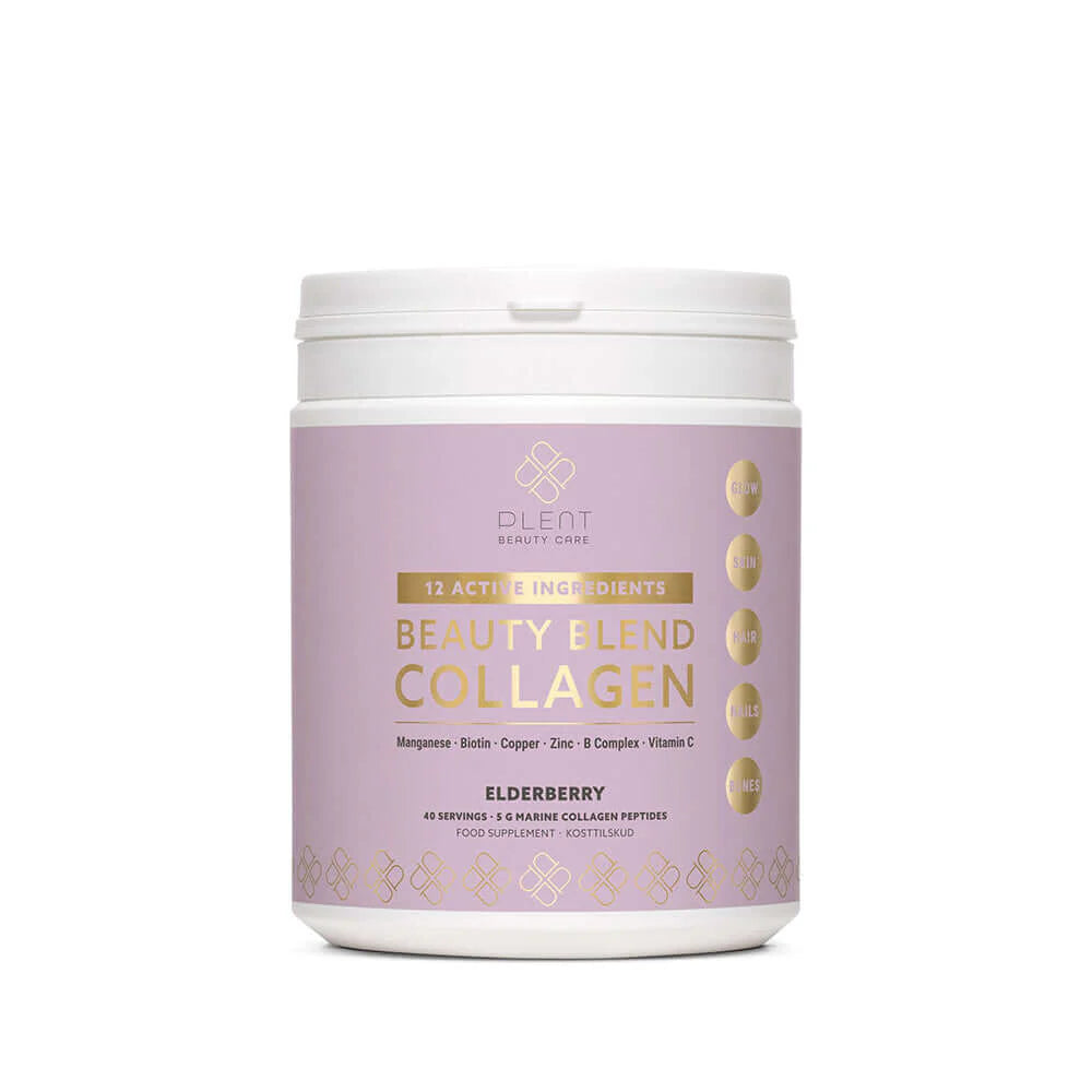 Plent Beauty Care Beauty Blend Collagen in Elderberry flavor, 40 servings tub containing 5g marine collagen peptides.