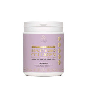 Plent Beauty Care Beauty Blend Collagen in Elderberry flavor, 40 servings tub containing 5g marine collagen peptides.