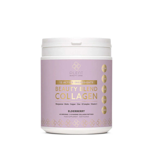 Plent Beauty Care Beauty Blend Collagen in Elderberry flavor, 40 servings tub containing 5g marine collagen peptides.