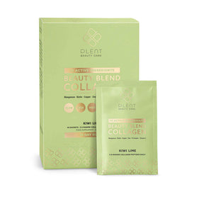 Plent Beauty Care Beauty Blend Collagen in Kiwi Lime flavor, 30 sachets box and individual pack with 5g marine collagen peptides.