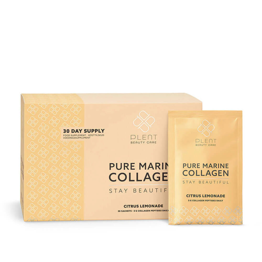 Plent Beauty Care Pure Marine Collagen Citrus Lemonade flavor, 30 sachets box and individual sachet with 5g collagen peptides.