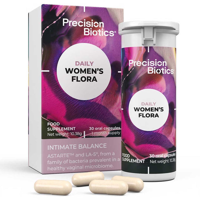 Front view of Precision Biotics Daily Women's Flora food supplement box and bottle with four capsules in the foreground.