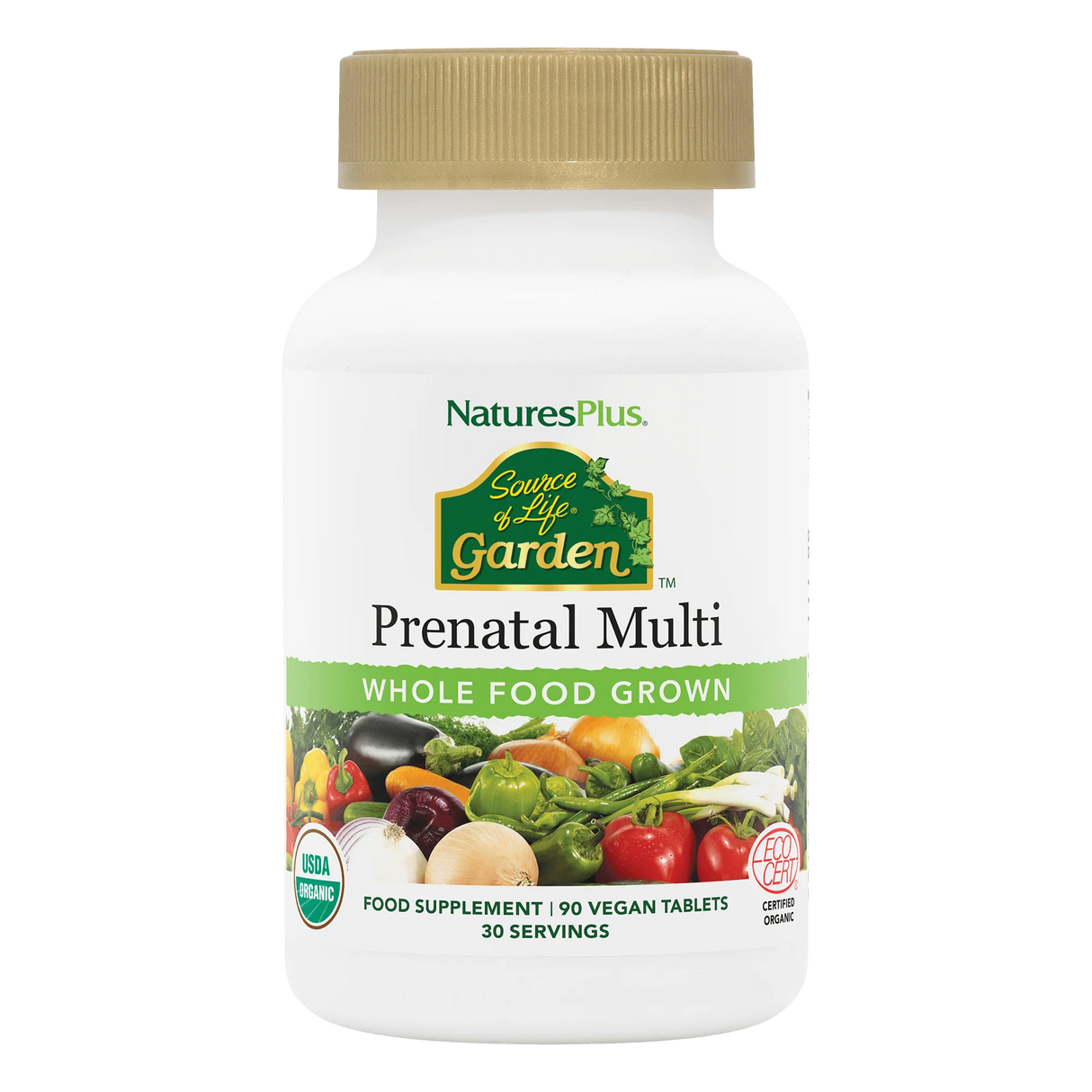 Nature's Plus Source of Life Garden Prenatal 90 organic tablets whole food multivitamin with Folate and Iron for pregnancy support.