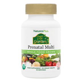 Nature's Plus Source of Life Garden Prenatal 90 organic tablets whole food multivitamin with Folate and Iron for pregnancy support.