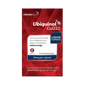 Revive Active Ubiquinol CoQ10, 30 liquid capsules, 100mg per capsule, gluten-free antioxidant food supplement supporting cellular energy.