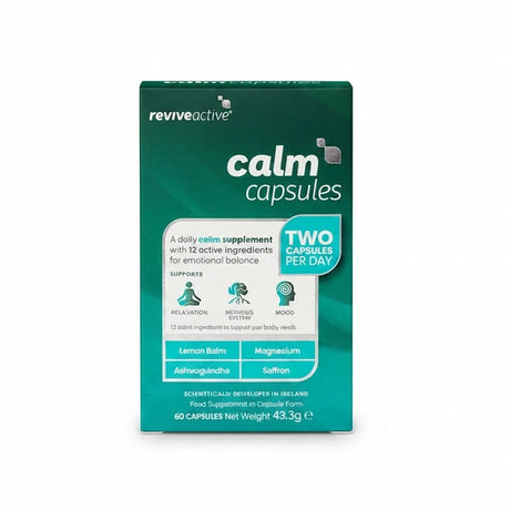 Revive Active Calm capsules with KSM-66 Ashwagandha and L-Theanine for stress relief and mental balance 60 pack.