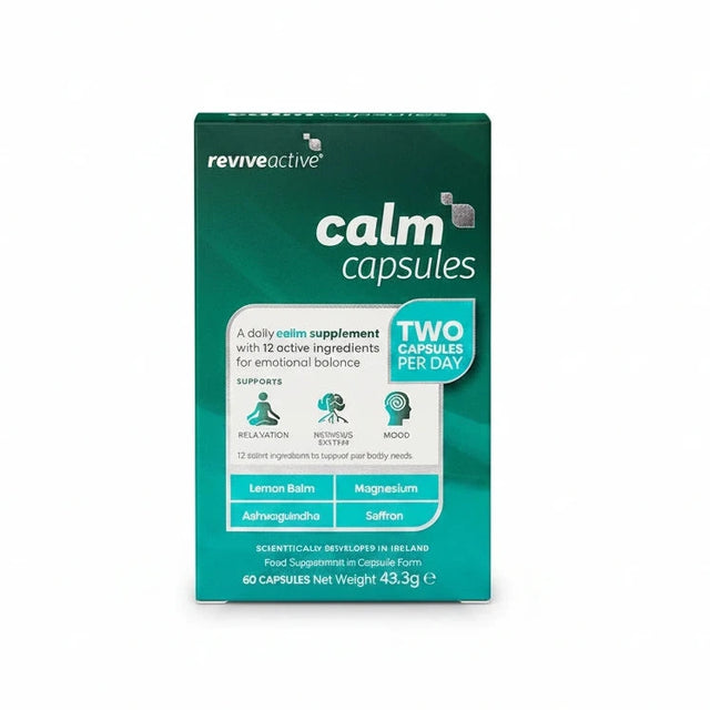 Revive Active Calm capsules with KSM-66 Ashwagandha and L-Theanine for stress relief and mental balance 60 pack.