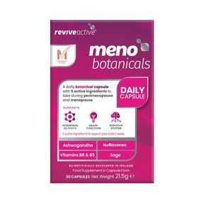 Revive Active Meno Botanicals, 30 daily capsules, food supplement designed for perimenopause and menopause, containing 5 active ingredients including Ashwagandha, Isoflavones, Vitamins B6 & B3, and Sage to support hormonal activity, brain function, and the nervous system.