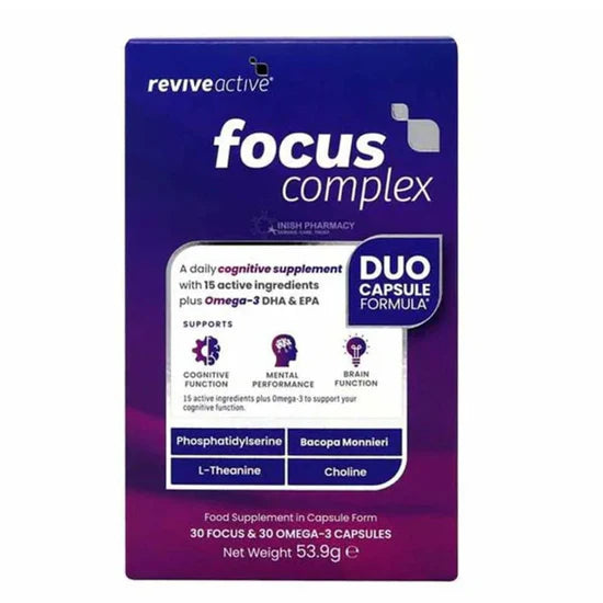 Revive Active Focus Complex, daily cognitive supplement in a duo capsule formula, 30 focus & 30 Omega-3 capsules, containing 15 active ingredients including Phosphatidylserine, Bacopa Monnieri, L-Theanine, and Choline to support cognitive function, mental performance, and brain function.