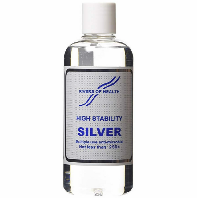 Rivers of Health High Stability Silver, 250ml bottle, featuring a screw-cap closure and a branded label.