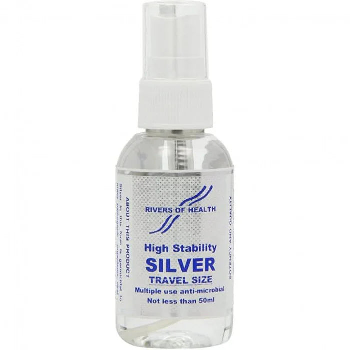 Rivers of Health High Stability Silver travel-size spray, a 50ml bottle featuring a white pump dispenser and a branded label.