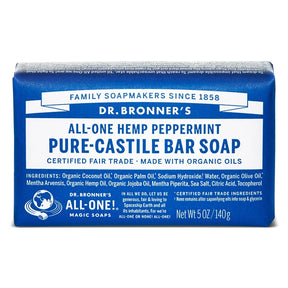 Dr. Bronner’s Organic Peppermint Pure-Castile Bar Soap 140g for invigorating skin cooling and natural detox.