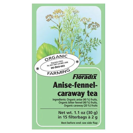 Salus Organic Anise Fennel and Caraway tea bags for bloating and digestive comfort 15 pack caffeine free organic ingredients.