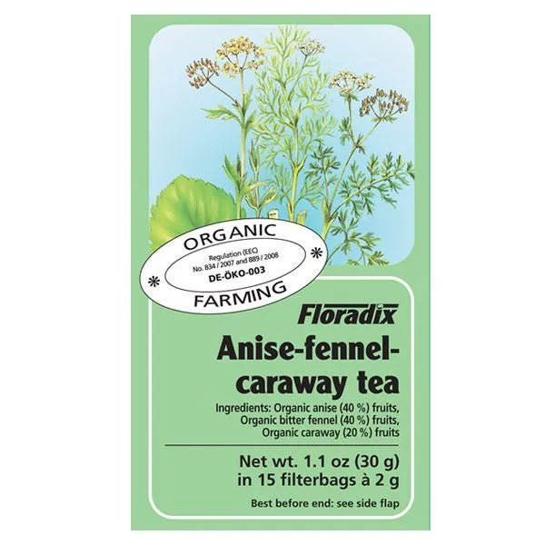 Salus Organic Anise Fennel and Caraway tea bags for bloating and digestive comfort 15 pack caffeine free organic ingredients.