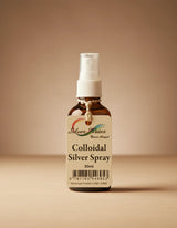 "Silver Water Colloidal Silver Spray, 50ml bottle, featuring a spray pump dispenser and a branded label.
