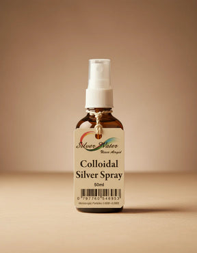 "Silver Water Colloidal Silver Spray, 50ml bottle, featuring a spray pump dispenser and a branded label.