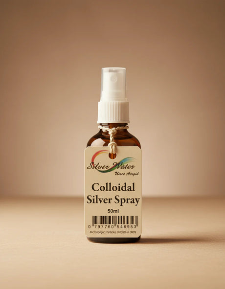 "Silver Water Colloidal Silver Spray, 50ml bottle, featuring a spray pump dispenser and a branded label.