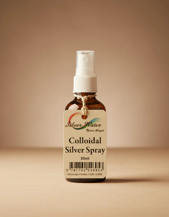 "Silver Water Colloidal Silver Spray, 50ml bottle, featuring a spray pump dispenser and a branded label.
