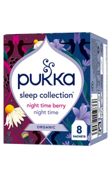 Pukka Sleep Collection tea box with floral and berry patterns in purple and blue. Text reads "night time berry," "night time," "organic," "8 sachets."