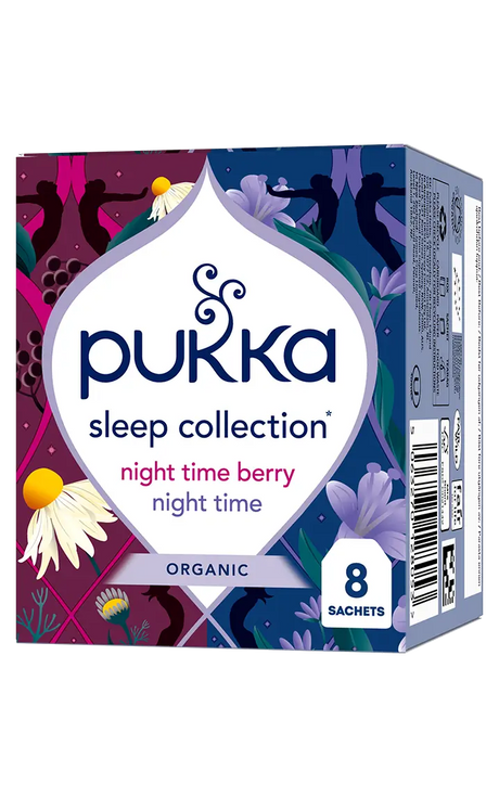 Pukka Sleep Collection tea box with floral and berry patterns in purple and blue. Text reads "night time berry," "night time," "organic," "8 sachets."